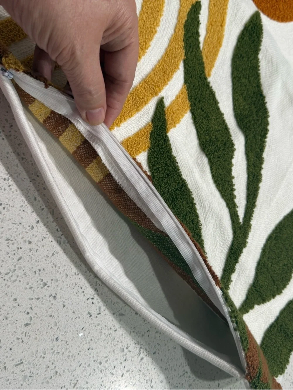 Boho White Pillow Covers With Green Leafs and Mustard accents Set of 2 L2